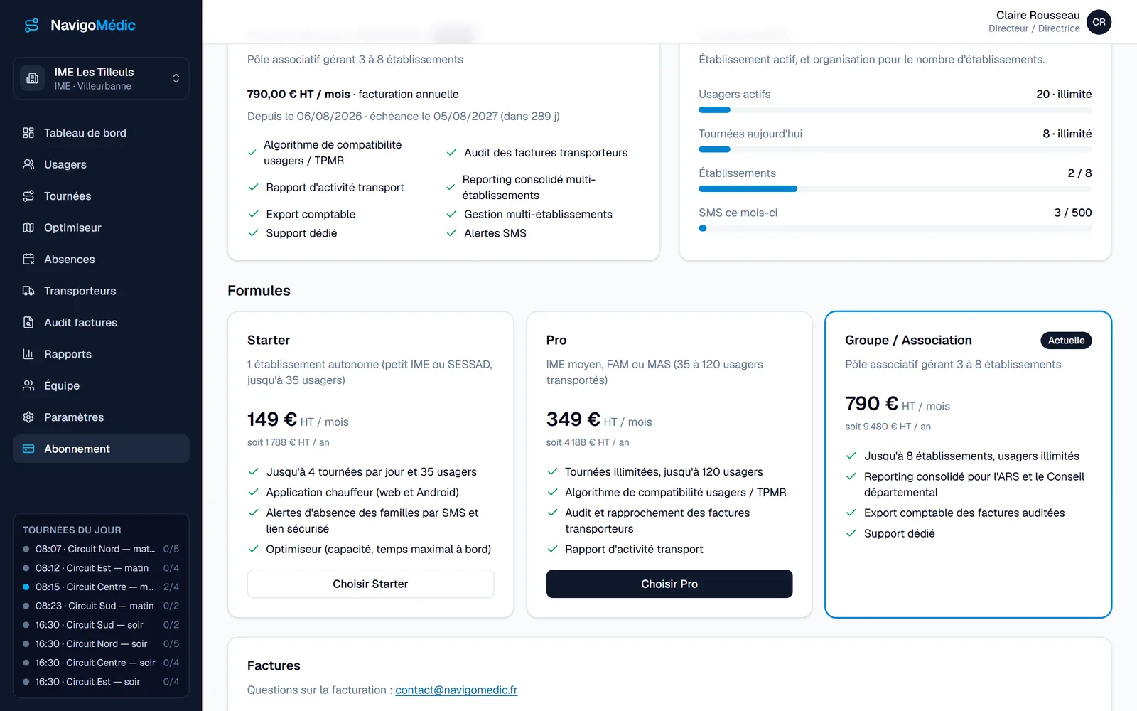 Écran Abonnement du logiciel : la formule en cours, la consommation (usagers, tournées, établissements, SMS du mois) et les trois formules côte à côte (données de démonstration)