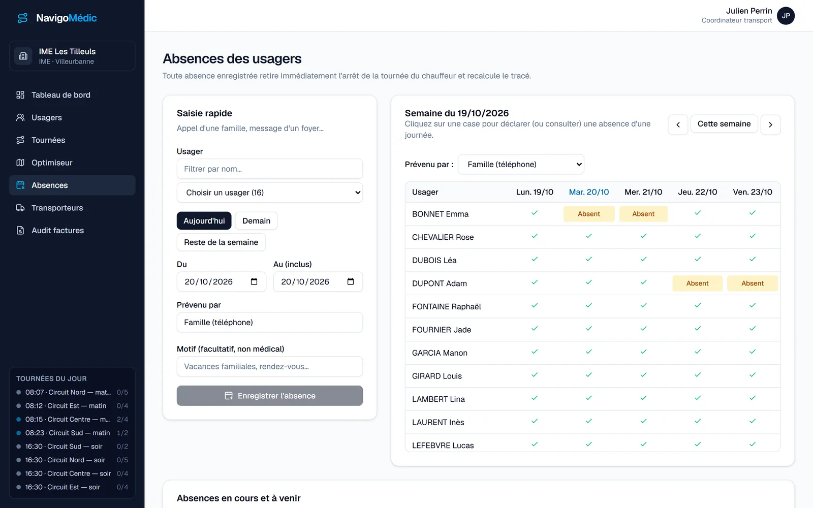 Calendrier hebdomadaire des absences : une case cliquée, une journée d'absence enregistrée