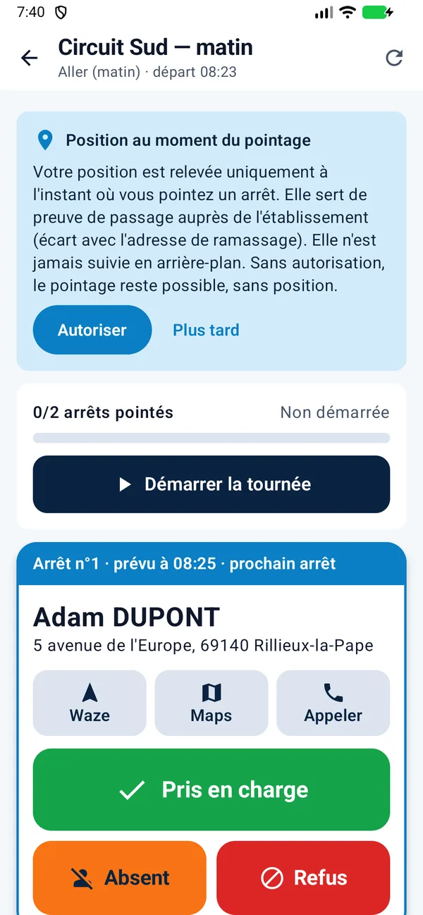 Application Android : encart expliquant que la position est relevée uniquement au moment du pointage, boutons Autoriser et Plus tard