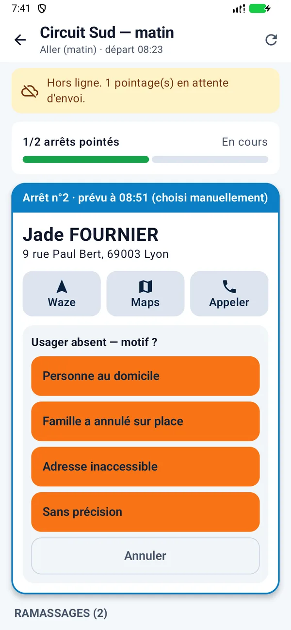 Application Android hors ligne : choix du motif d'absence, personne au domicile, famille a annulé sur place, adresse inaccessible, sans précision