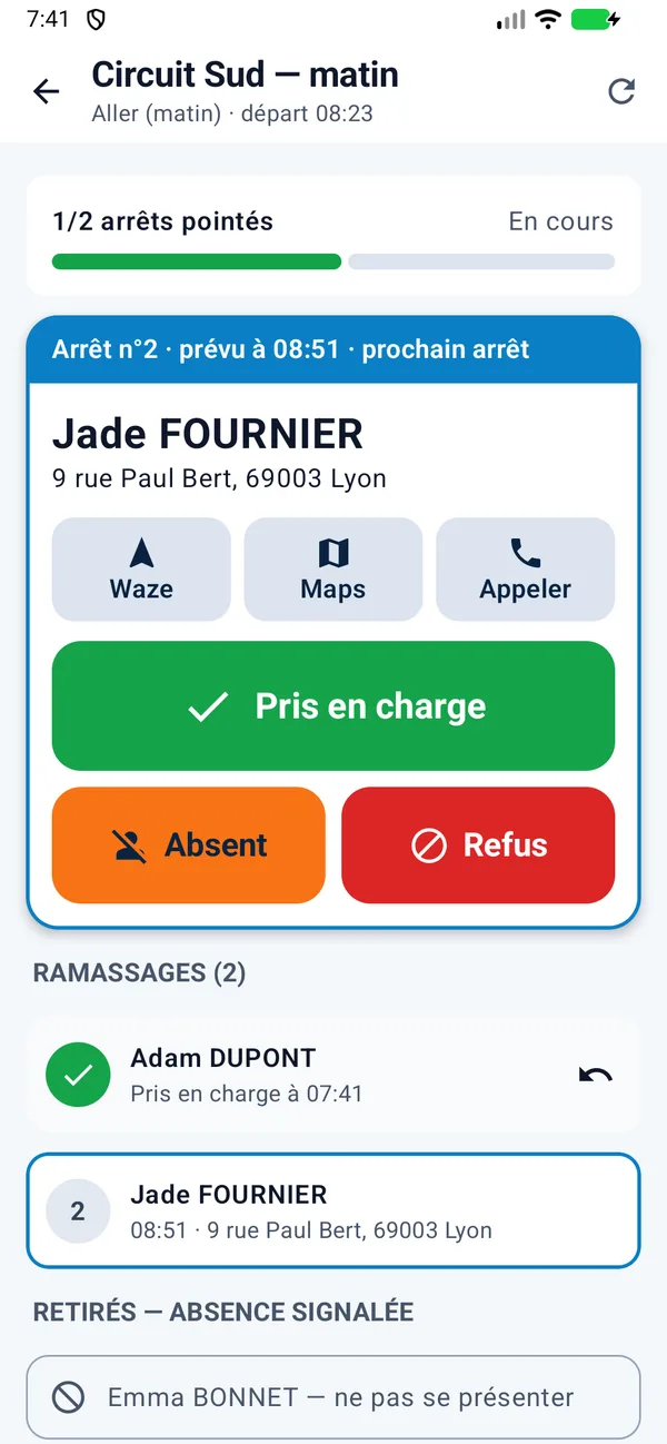 Application Android : premier usager pointé Pris en charge à 07 h 41, arrêt numéro 2 mis en avant comme prochain arrêt