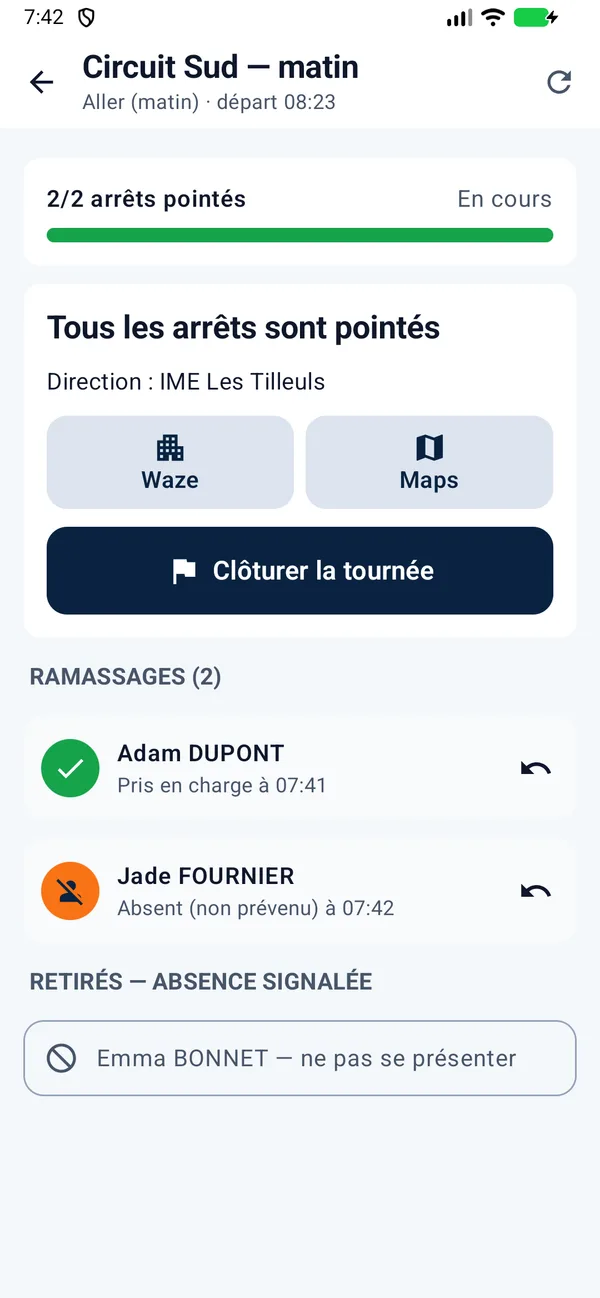 Application Android : tous les arrêts sont pointés, bouton Clôturer la tournée et usager retiré pour absence