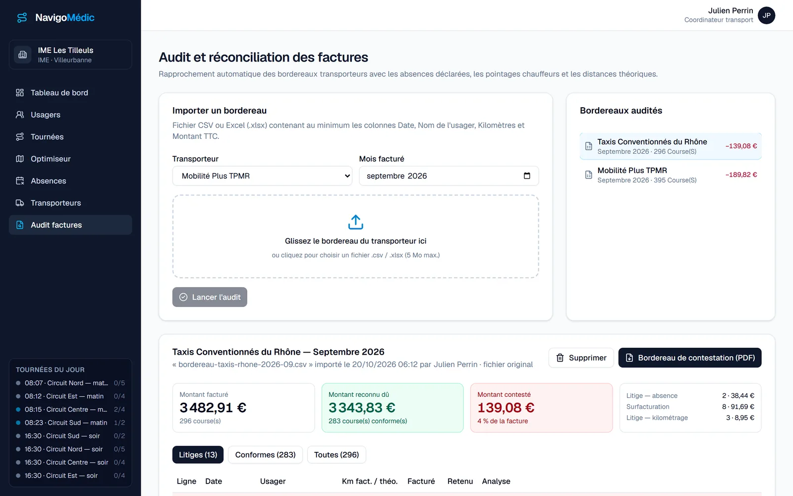 Import du bordereau d'un transporteur par glisser-déposer : le même moteur sert à l'audit gratuit (données de démonstration)
