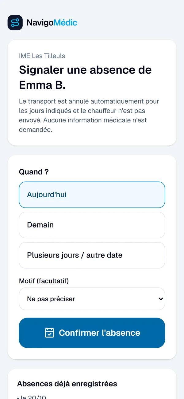 Page ouverte par le lien personnel d'une famille : prénom et initiale de l'enfant, choix du jour, motif facultatif, aucune donnée médicale (données de démonstration)