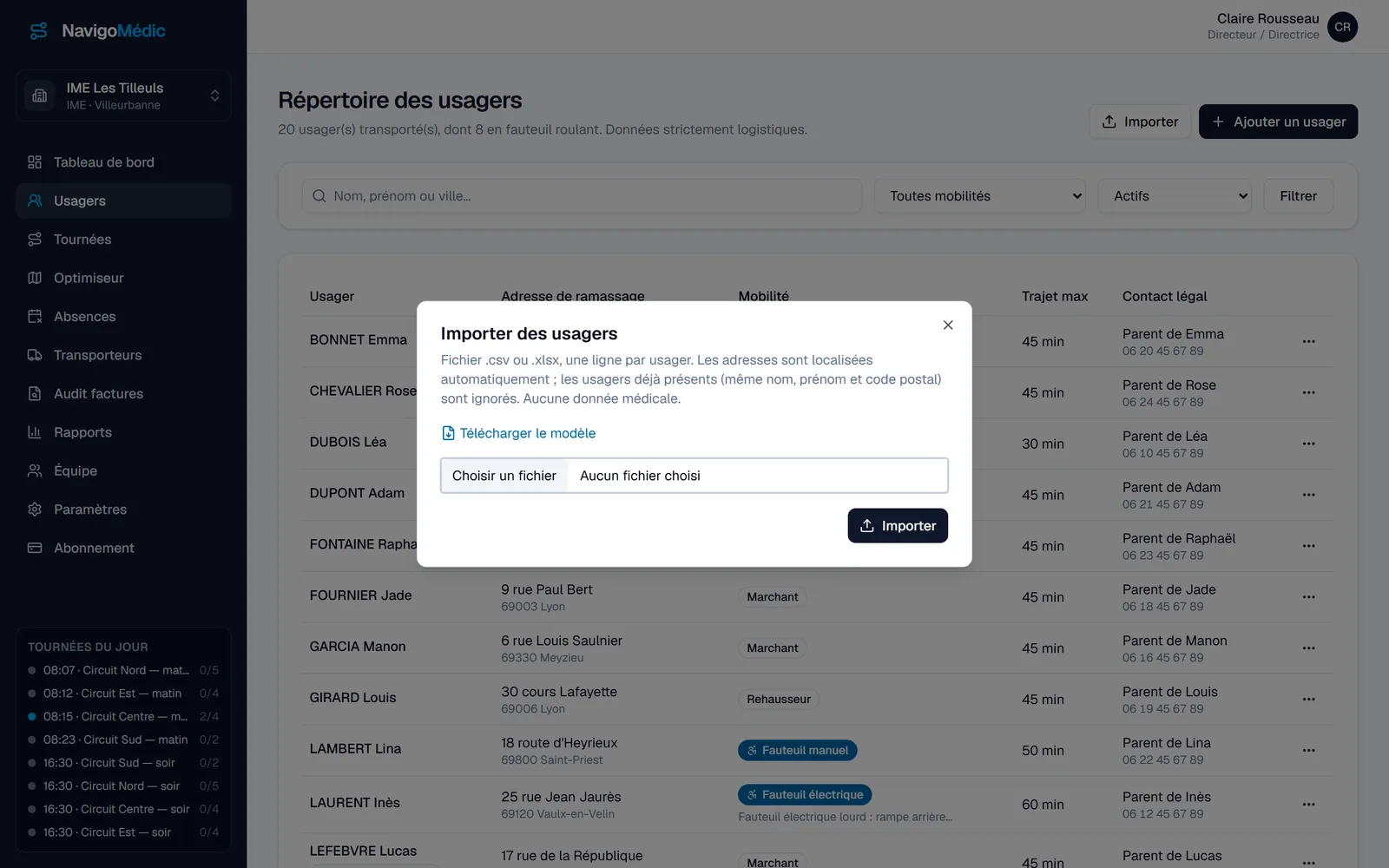 Import du répertoire des usagers depuis un fichier Excel ou CSV : modèle à télécharger, adresses localisées automatiquement, doublons ignorés, aucune donnée médicale (données de démonstration)