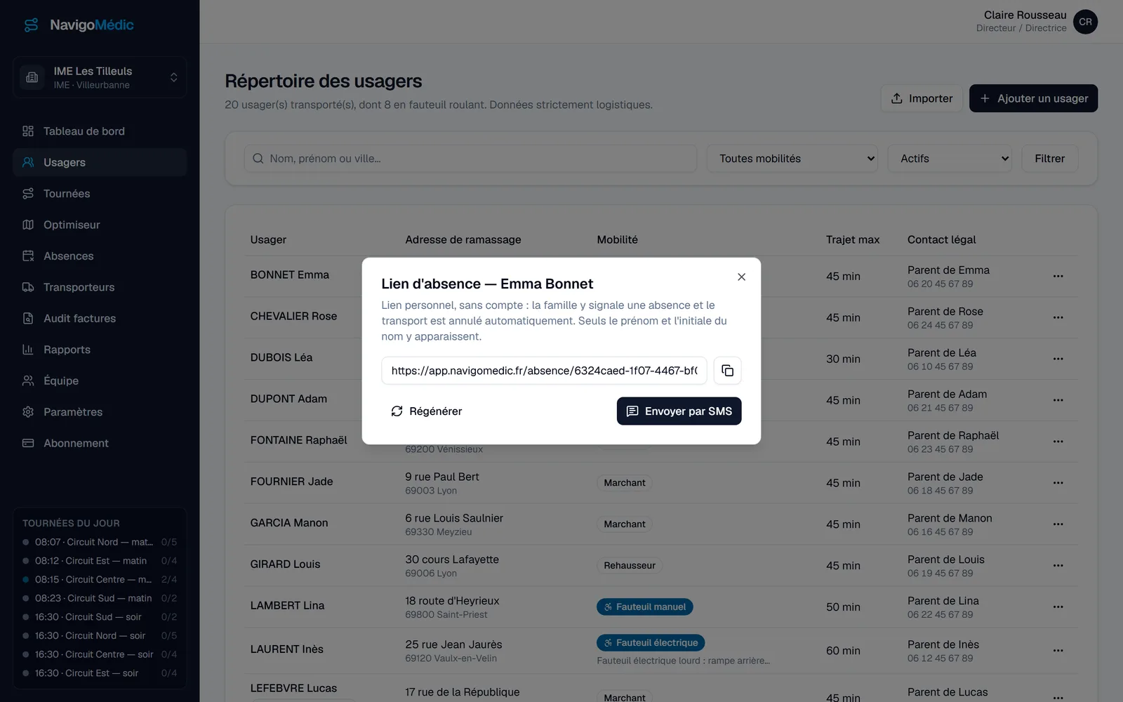 Fiche usager : le lien d'absence personnel d'une famille, à copier, régénérer ou envoyer par SMS lorsque l'accord du responsable est enregistré (données de démonstration)
