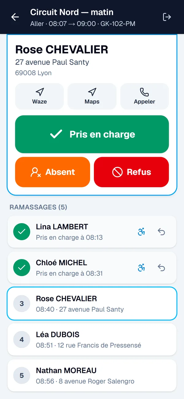 Application chauffeur : les arrêts retirés pour absence apparaissent « ne pas se présenter » (données de démonstration)