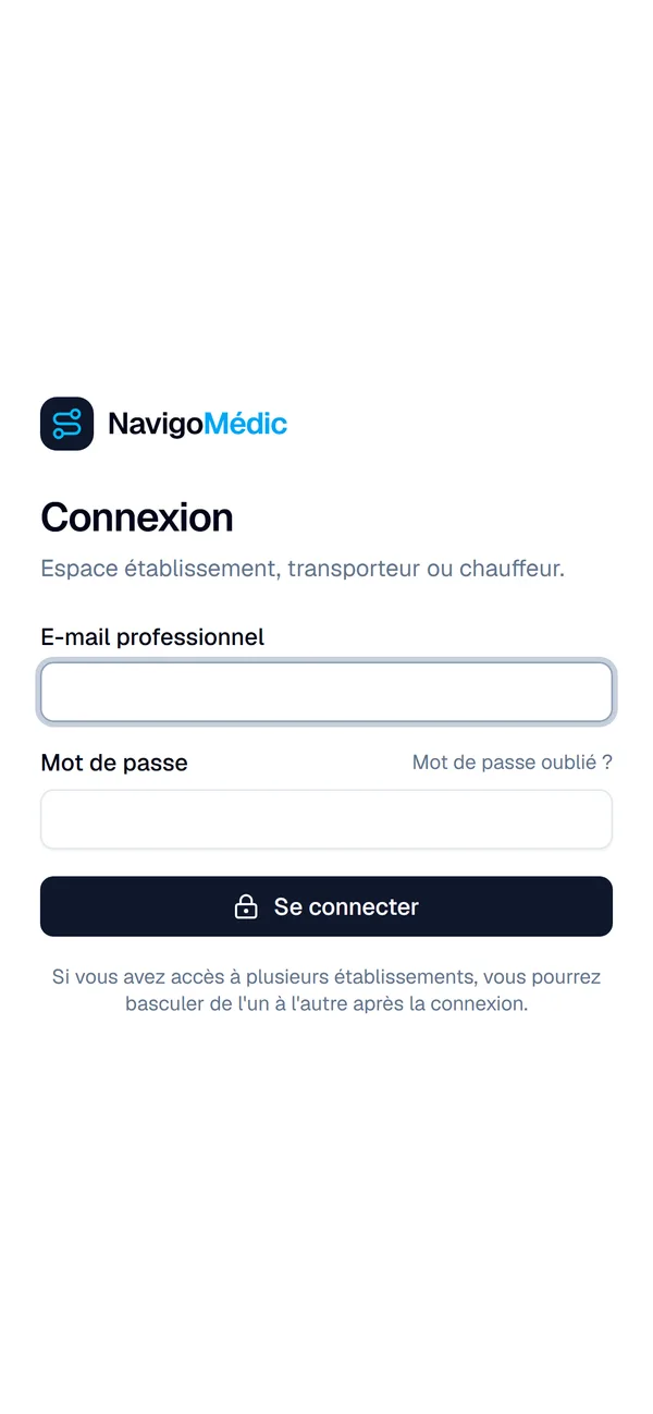 Écran de connexion de l'application chauffeur : chaque chauffeur dispose de son propre compte