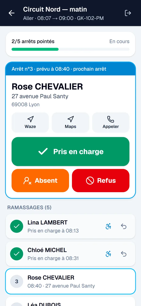 Application chauffeur : progression de la tournée, arrêts pointés et arrêts restants