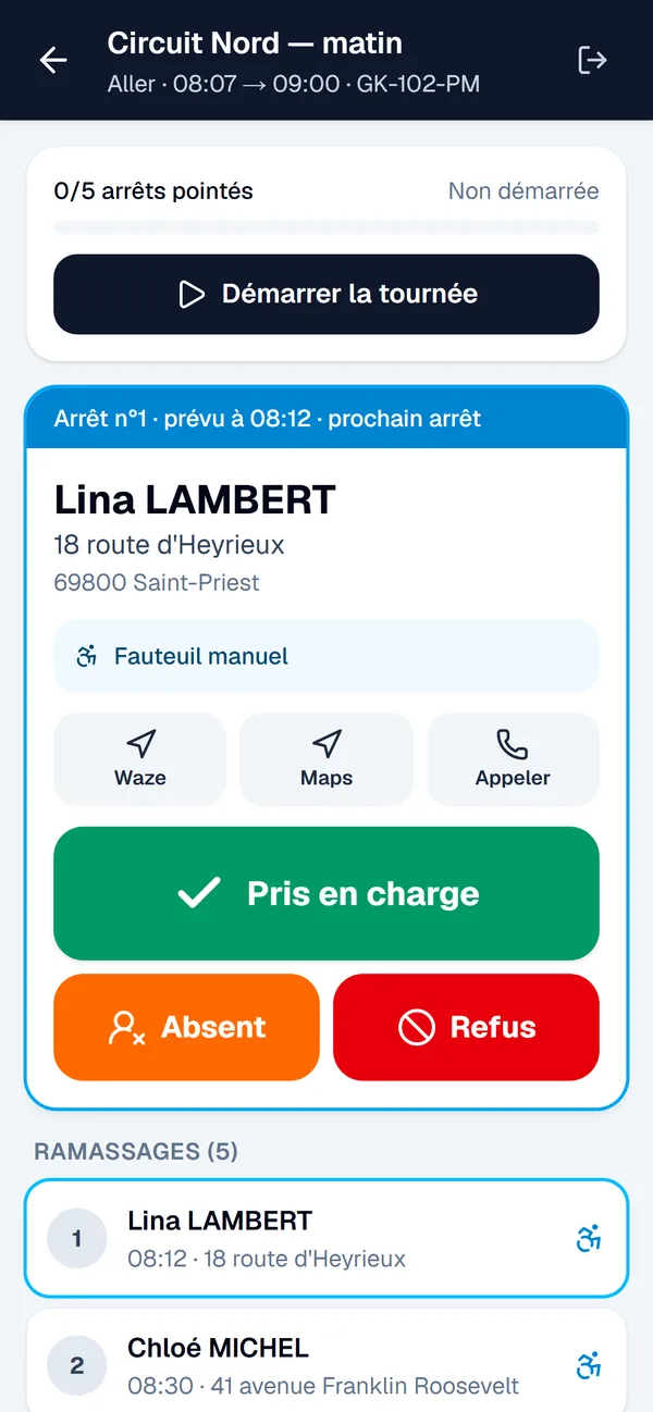 Application chauffeur : prochain arrêt, navigation et gros boutons de pointage