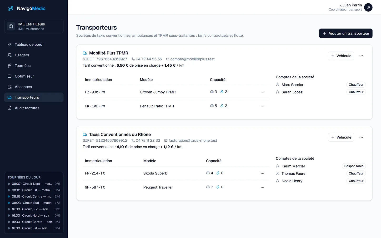 Fiche transporteur : tarif de prise en charge, tarif kilométrique, véhicules et chauffeurs